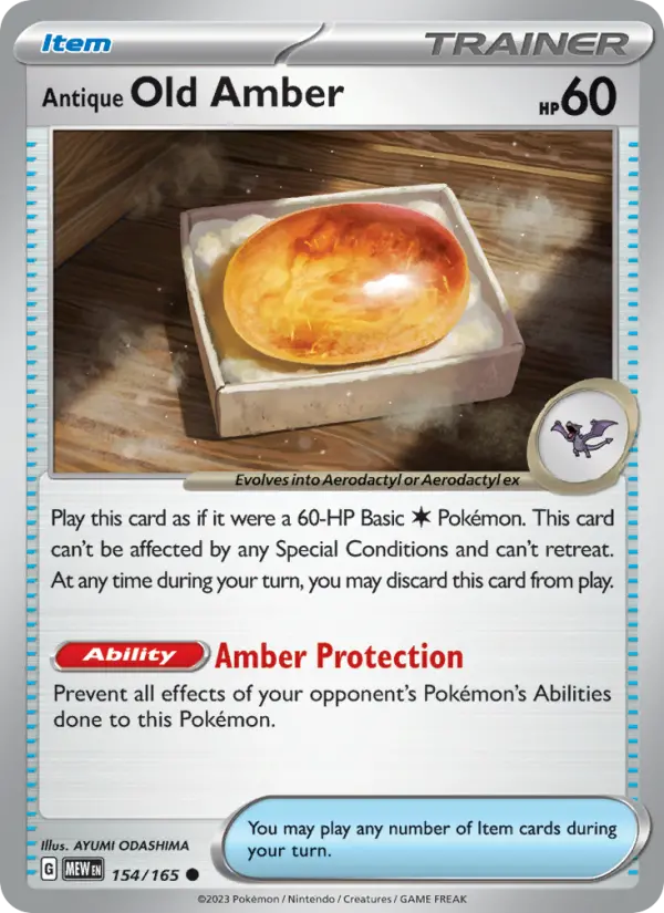 Antique Old Amber Reverse Holo 154/165 151 Pokémon Card