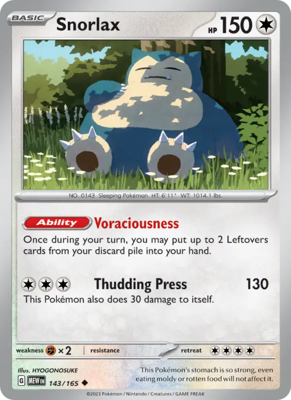 Snorlax Reverse Holo 143/165 151 Pokémon Card
