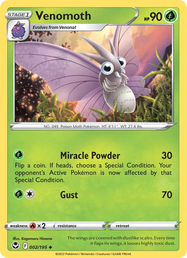 Venomoth Reverse Holo 002/195 Silver Tempest Pokémon Card