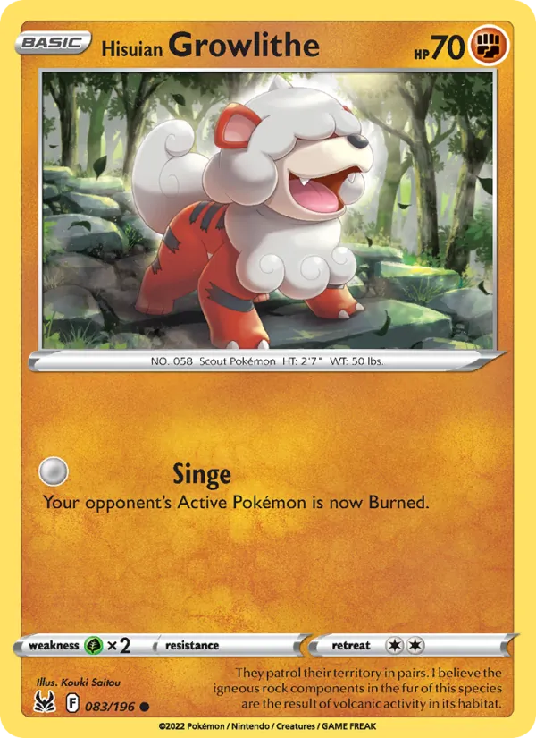 Hisuian Growlithe Reverse Holo 083/196 Lost Origin Pokémon Card
