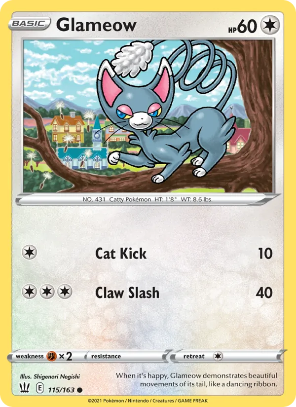 Glameow Reverse Holo 115/163 Battle Styles Pokémon Card