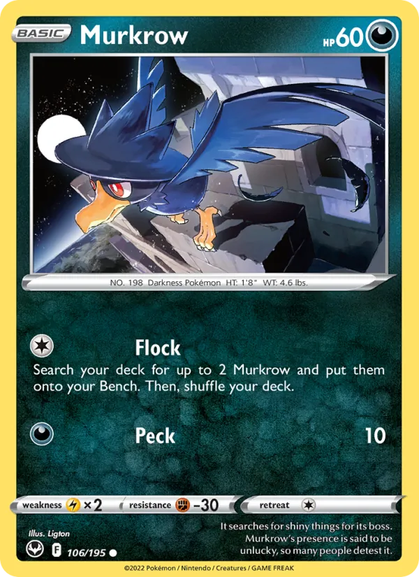 Murkrow Reverse Holo 106/195 Silver Tempest Pokémon Card