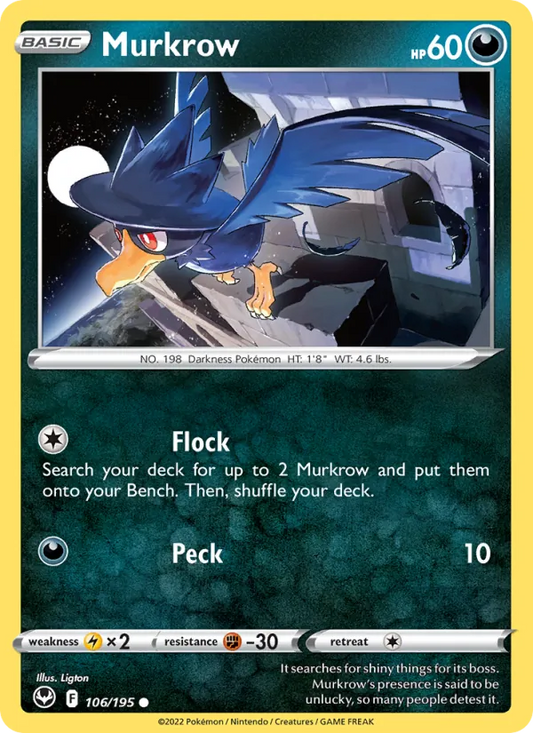 Murkrow Reverse Holo 106/195 Silver Tempest Pokémon Card