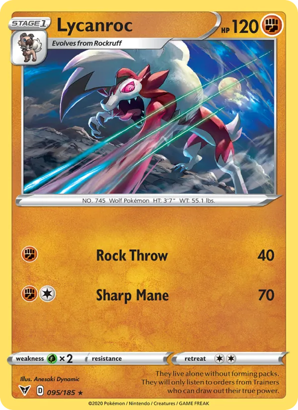 Lycanroc Reverse Holo 095/185 Vivid Voltage Pokémon Card