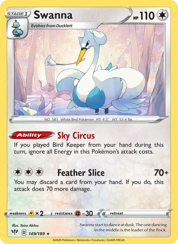 Swanna Reverse Holo 149/189 Darkness Ablaze Pokémon Card