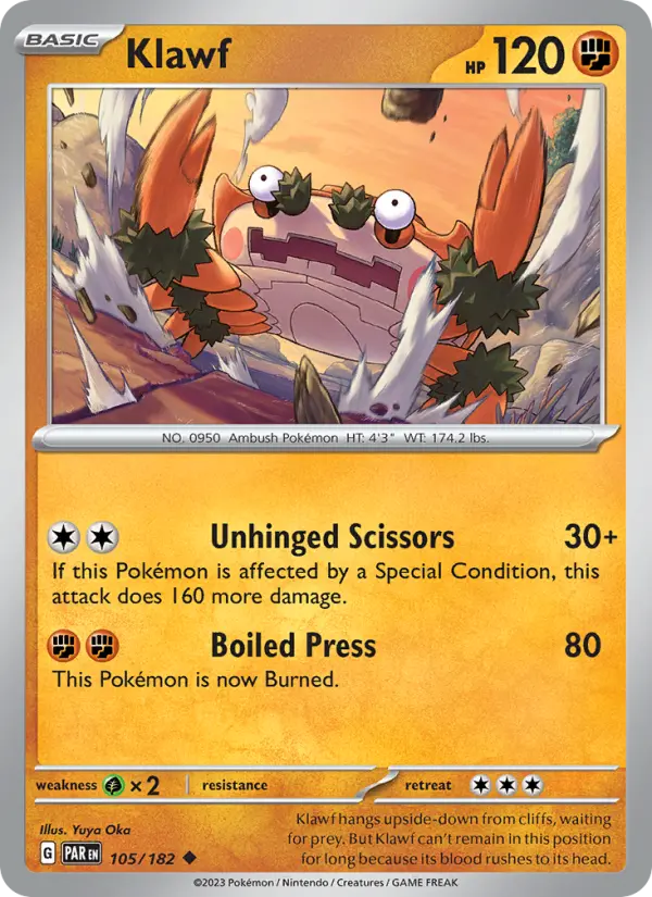 Klawf Reverse Holo 105/182 Paradox Rift Pokémon Card