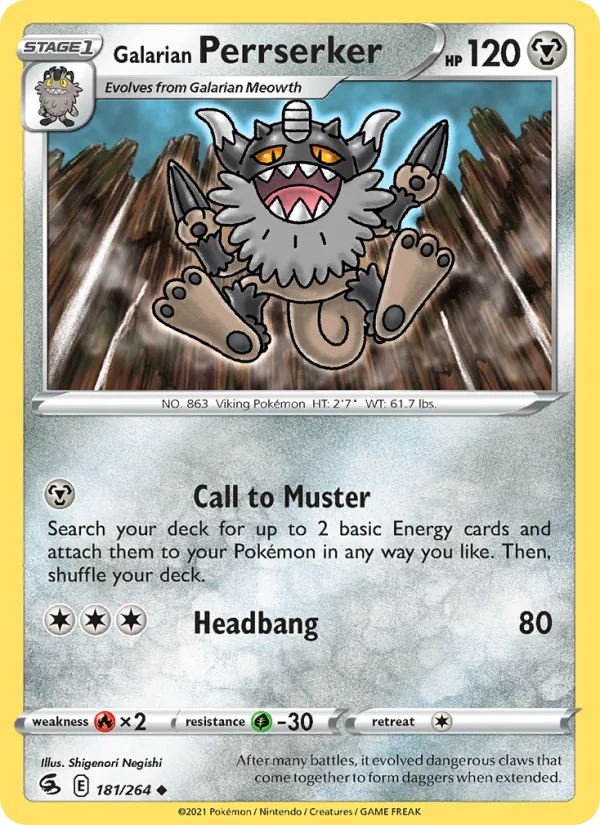 Galarian Perrserker Reverse Holo 181/264 Fusion Strike Pokémon Card