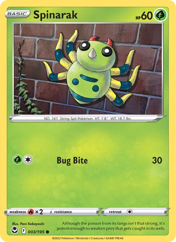 Spinarak Reverse Holo 003/195 Silver Tempest Pokémon Card