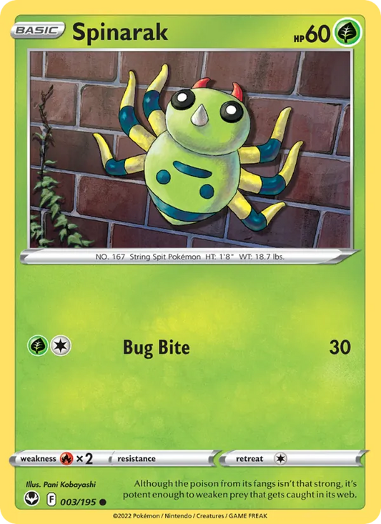 Spinarak Reverse Holo 003/195 Silver Tempest Pokémon Card