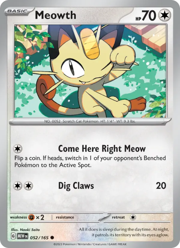 Meowth Reverse Holo 052/165 151 Pokémon Card