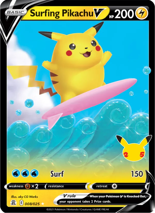 Surfing Pikachu V Holo 008/25 Celebrations Pokémon Card