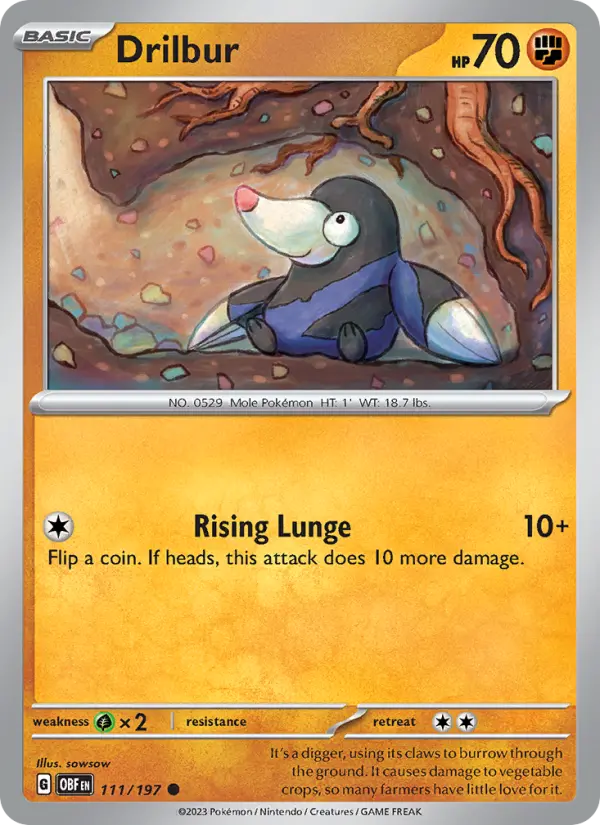 Drilbur Reverse Holo 111/197 Obsidian Flames Pokémon Card