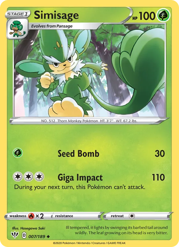Simisage Reverse Holo 007/189 Darkness Ablaze Pokémon Card