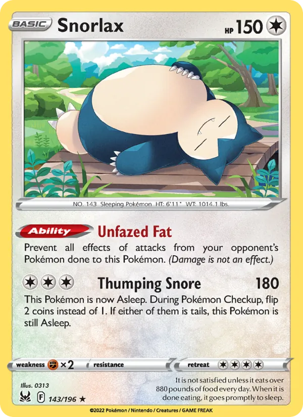 Snorlax Reverse Holo 143/196 Lost Origin Pokémon Card