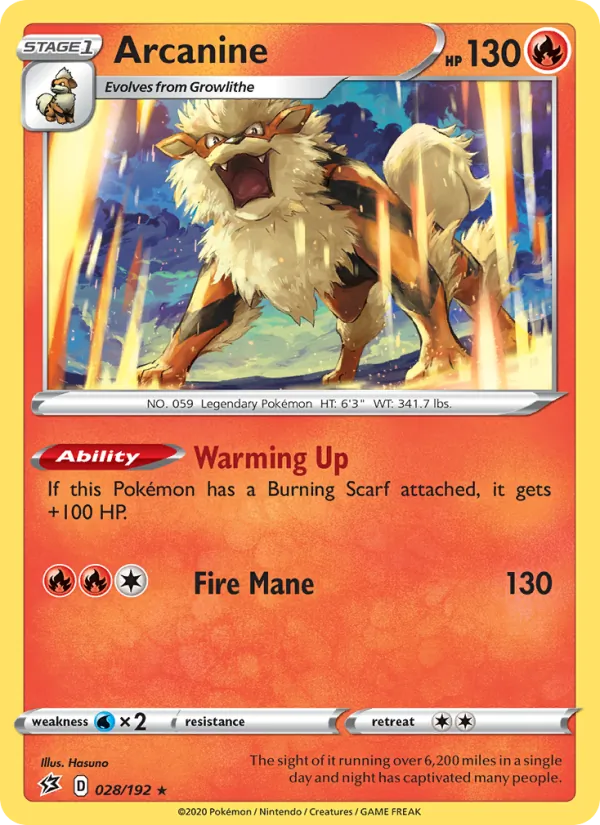 Arcanine Reverse Holo 028/192 Rebel Clash Pokémon Card