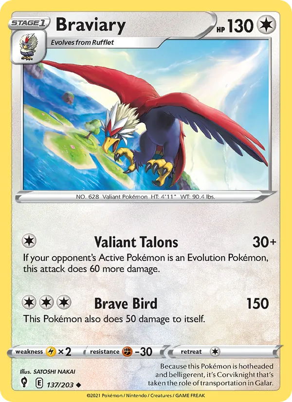 Braviary Reverse Holo 137/203 Evolving Skies Pokémon Card