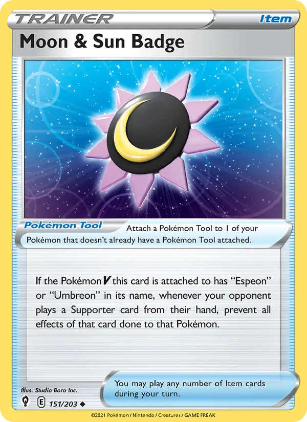 Moon & Sun Badge Reverse Holo 151/203 Evolving Skies Pokémon Card