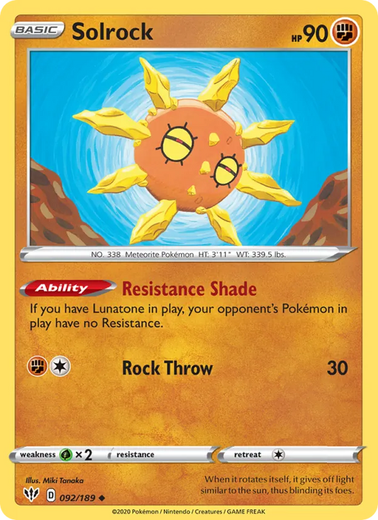 Solrock Normal 092/189 Darkness Ablaze Pokémon Card