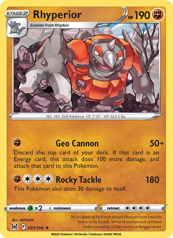 Rhyperior Reverse Holo 091/196 Lost Origin Pokémon Card