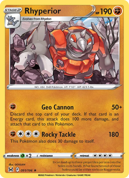 Rhyperior Reverse Holo 091/196 Lost Origin Pokémon Card