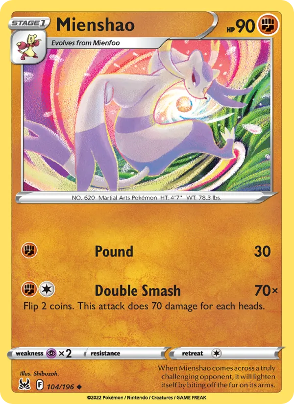 Mienshao Reverse Holo 104/196 Lost Origin Pokémon Card