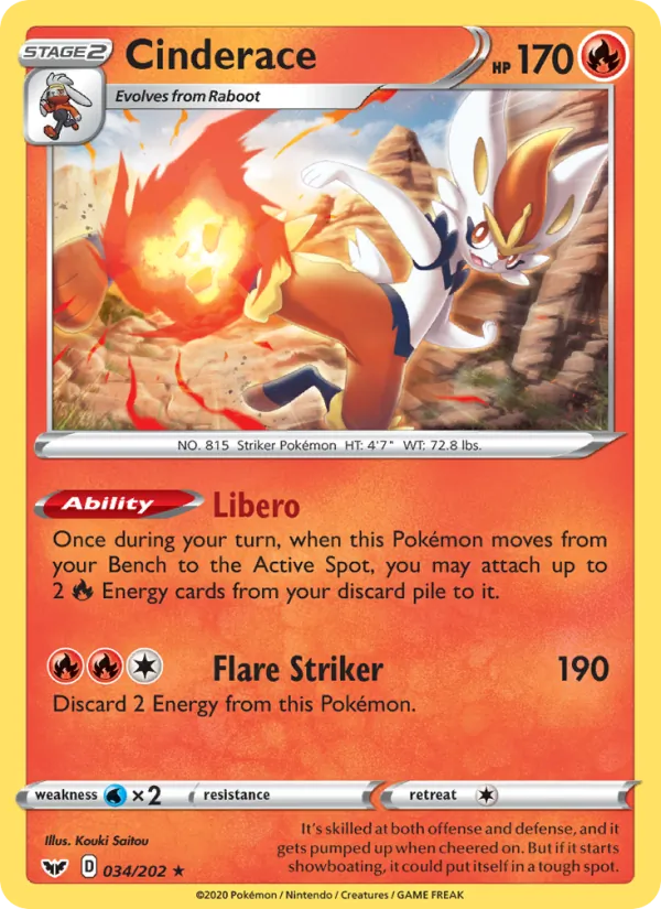 Cinderace Reverse Holo 034/202 Sword & Shield Pokémon Card