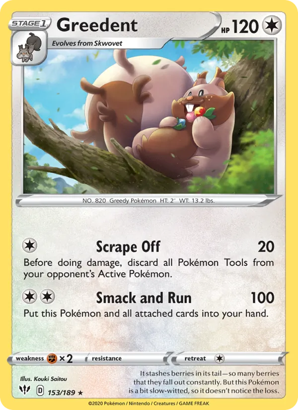 Greedent Reverse Holo 153/189 Darkness Ablaze Pokémon Card