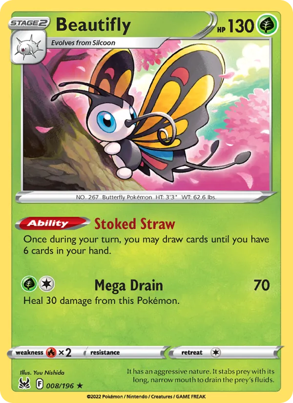 Beautifly Reverse Holo 008/196 Lost Origin Pokémon Card