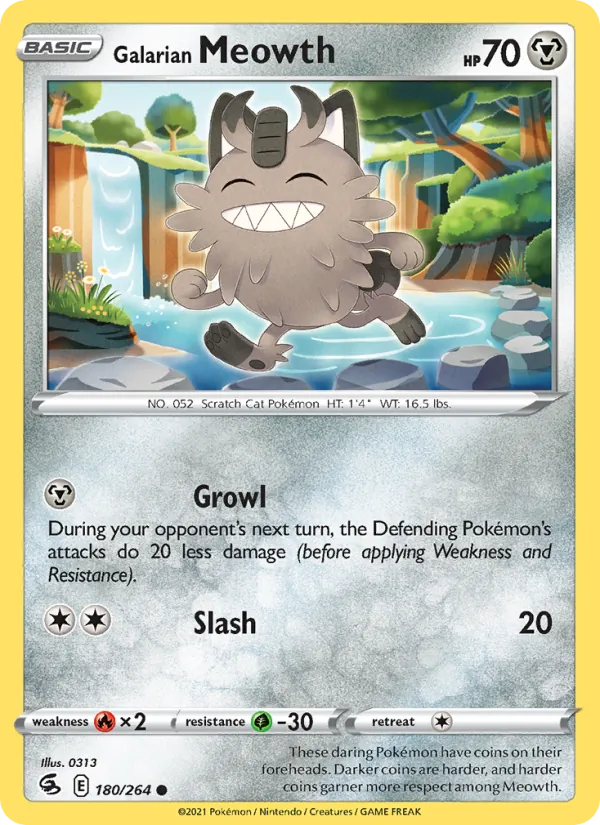 Galarian Meowth Reverse Holo 180/264 Fusion Strike Pokémon Card