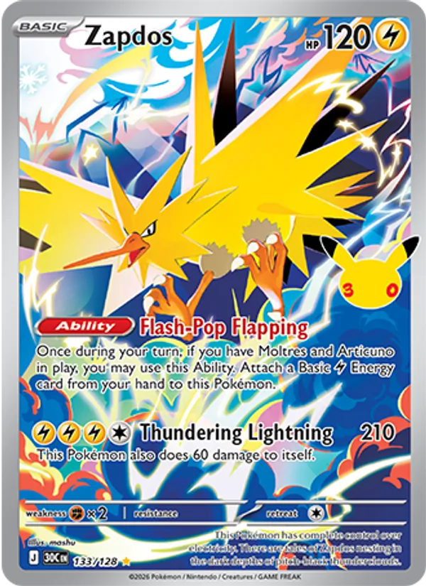 Zapdos Normal 133/128 30th Celebration Pokémon Card