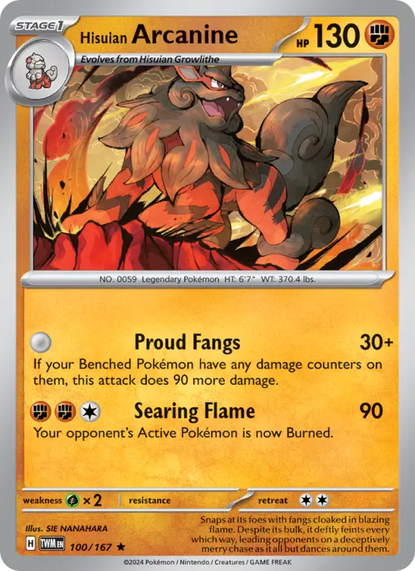 Hisuian Arcanine Reverse Holo 100/167 Twilight Masquerade Pokémon Card