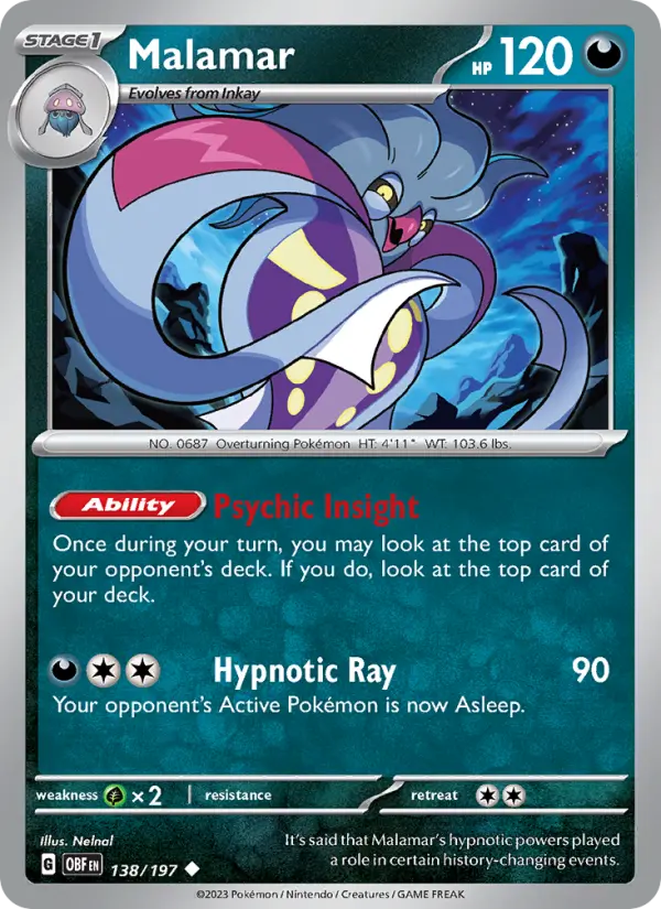 Malamar Reverse Holo 138/197 Obsidian Flames Pokémon Card