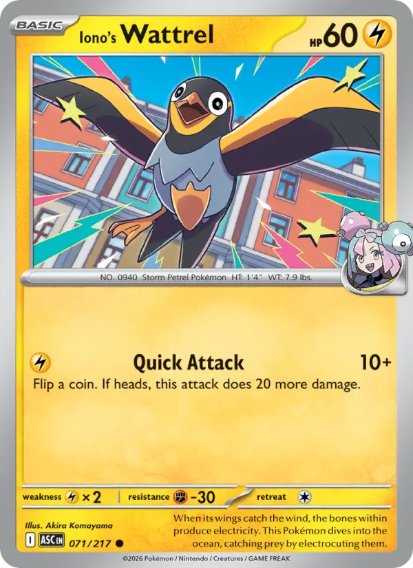 Iono's Wattrel Reverse Holo 071/217 Ascended Heroes Pokémon Card