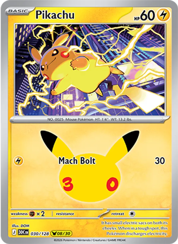 Pikachu Normal 030/128 30th Celebration Pokémon Card