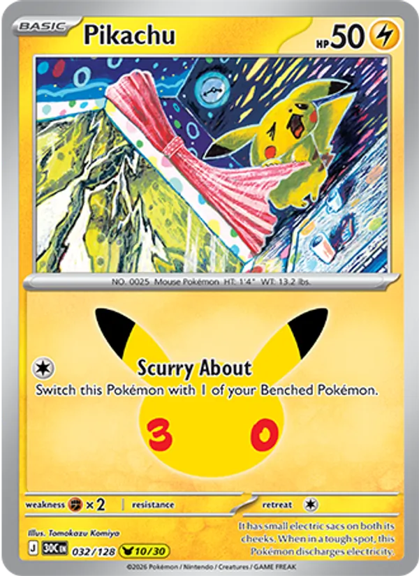 Pikachu Normal 032/128 30th Celebration Pokémon Card