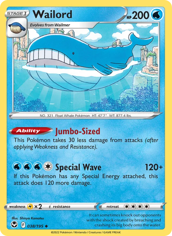 Wailord Reverse Holo 038/195 Silver Tempest Pokémon Card