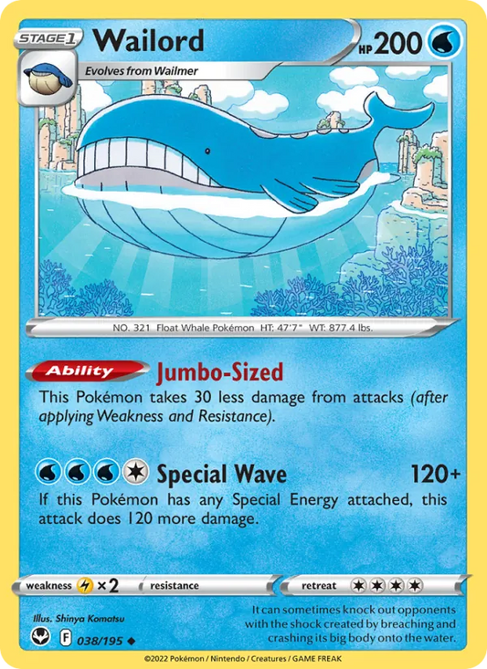 Wailord Reverse Holo 038/195 Silver Tempest Pokémon Card