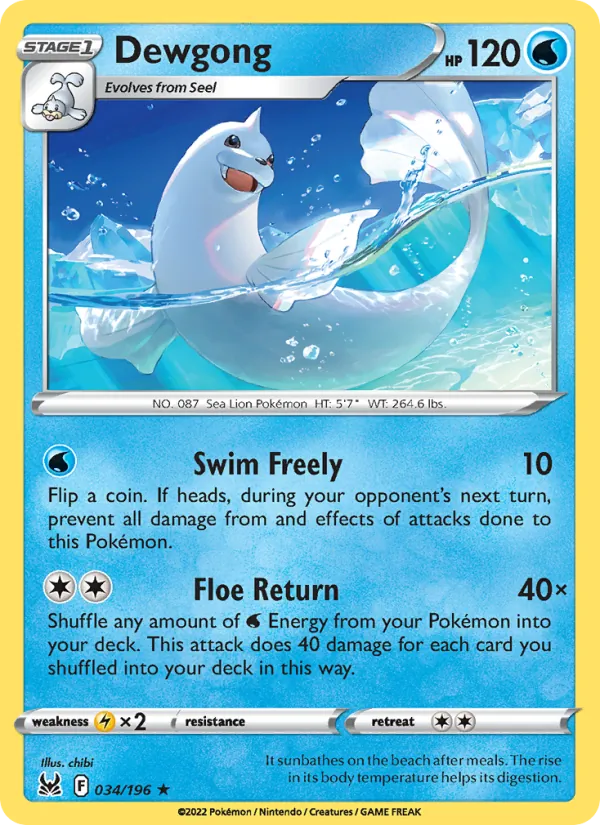 Dewgong Reverse Holo 034/196 Lost Origin Pokémon Card