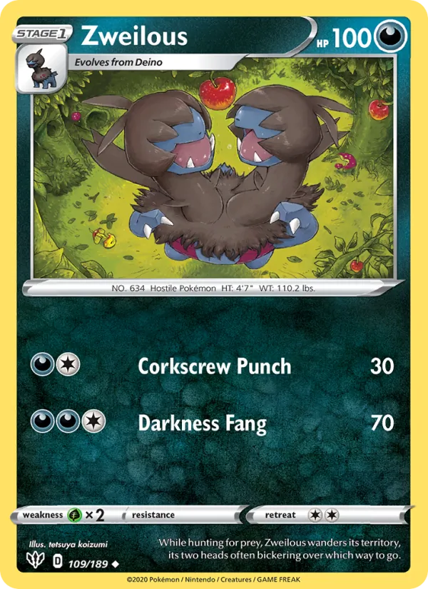 Zweilous Reverse Holo 109/189 Darkness Ablaze Pokémon Card