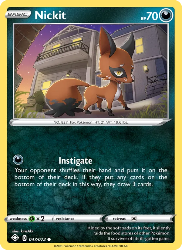 Nickit Reverse Holo 047/72 Shining Fates Pokémon Card