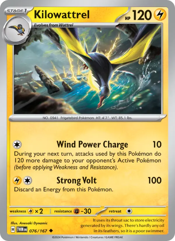 Kilowattrel Reverse Holo 076/167 Twilight Masquerade Pokémon Card