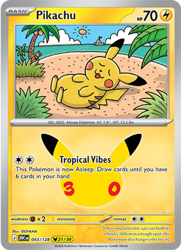 Pikachu Normal 043/128 30th Celebration Pokémon Card