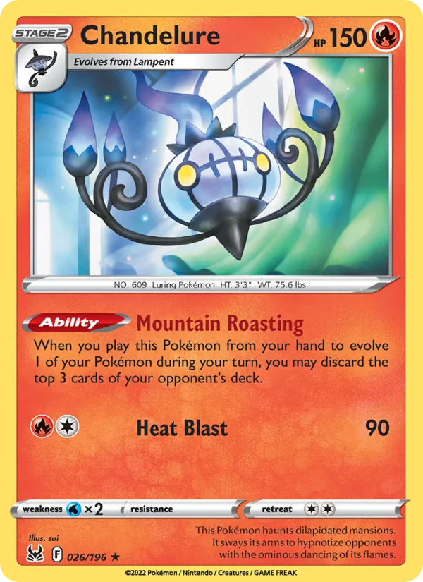 Chandelure Reverse Holo 026/196 Lost Origin Pokémon Card