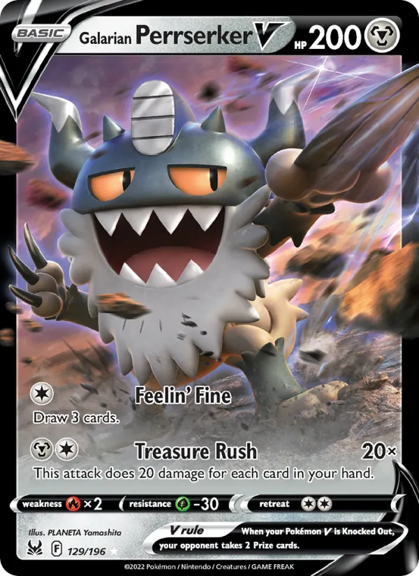 Galarian Perrserker V Holo 129/196 Lost Origin Pokémon Card