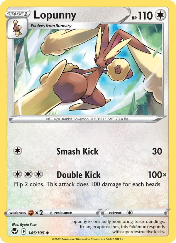 Lopunny Reverse Holo 145/195 Silver Tempest Pokémon Card