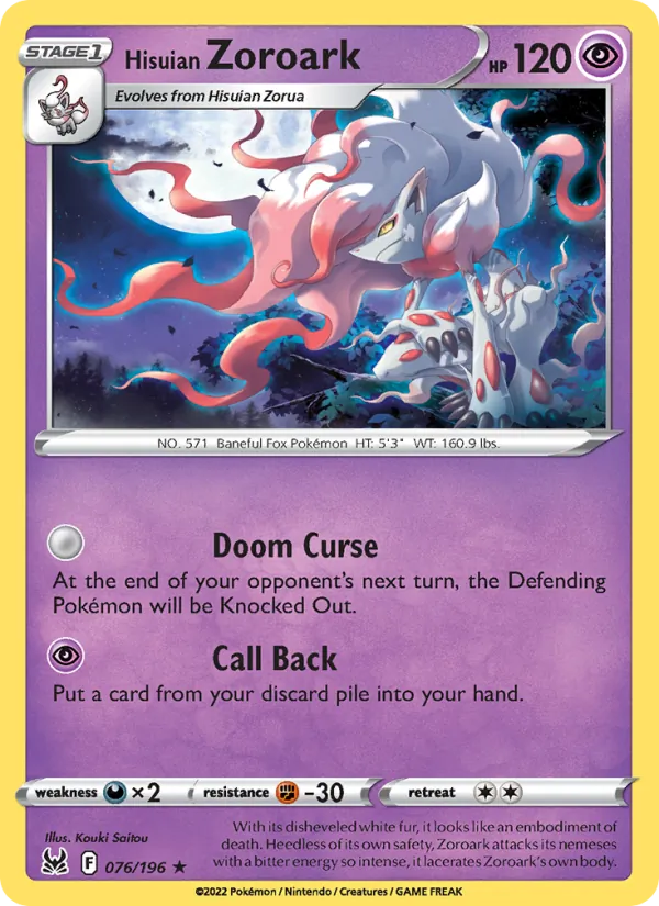 Hisuian Zoroark Reverse Holo 076/196 Lost Origin Pokémon Card