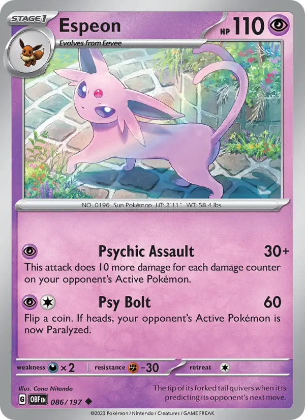 Espeon Reverse Holo 086/197 Obsidian Flames Pokémon Card