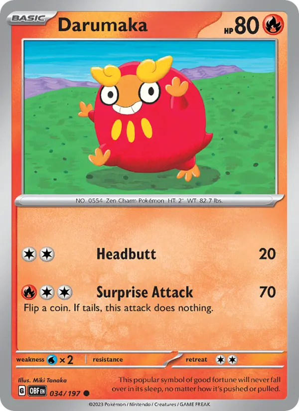 Darumaka Reverse Holo 034/197 Obsidian Flames Pokémon Card