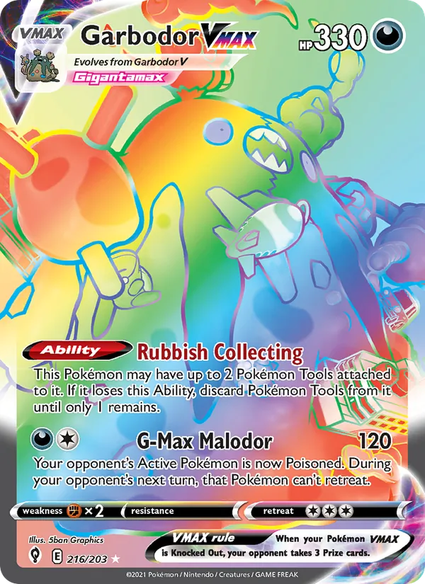 Garbodor VMAX Holo 216/203 Evolving Skies Pokémon Card