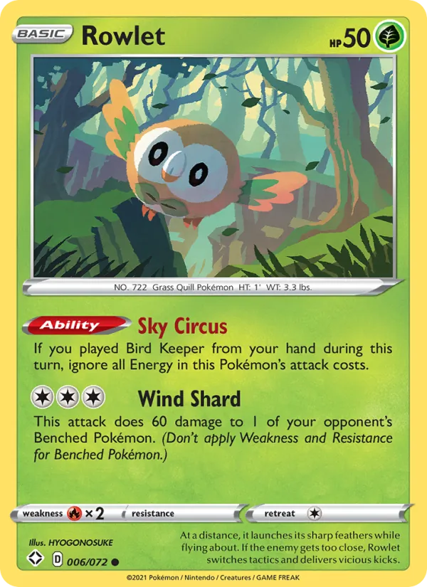 Rowlet Reverse Holo 006/72 Shining Fates Pokémon Card